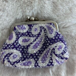 Vintage Purple Paisley Beaded Kiss Lock Coin Purse Retro Boho